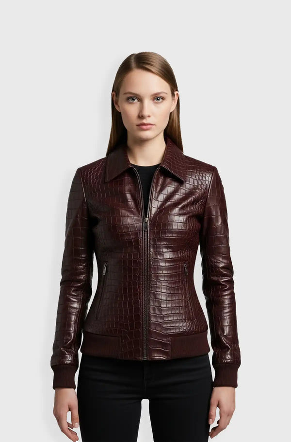 Luxe Maroon Croco Bomber Leather Jacket