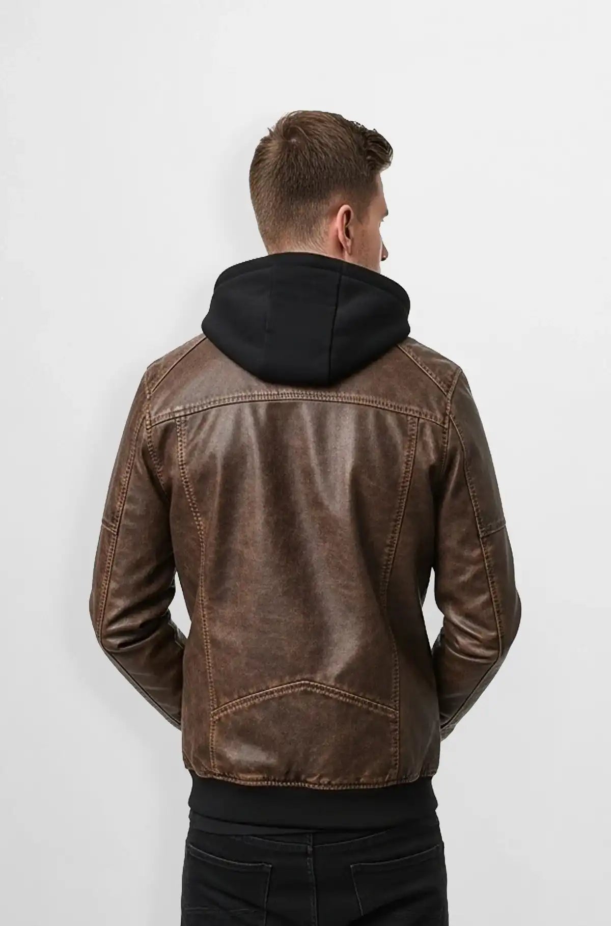Mahogany Brown Leather Hooded Bomber Jacket Back view