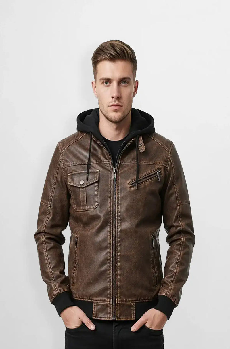 Mahogany Brown Leather Hooded Bomber Jacket Front view