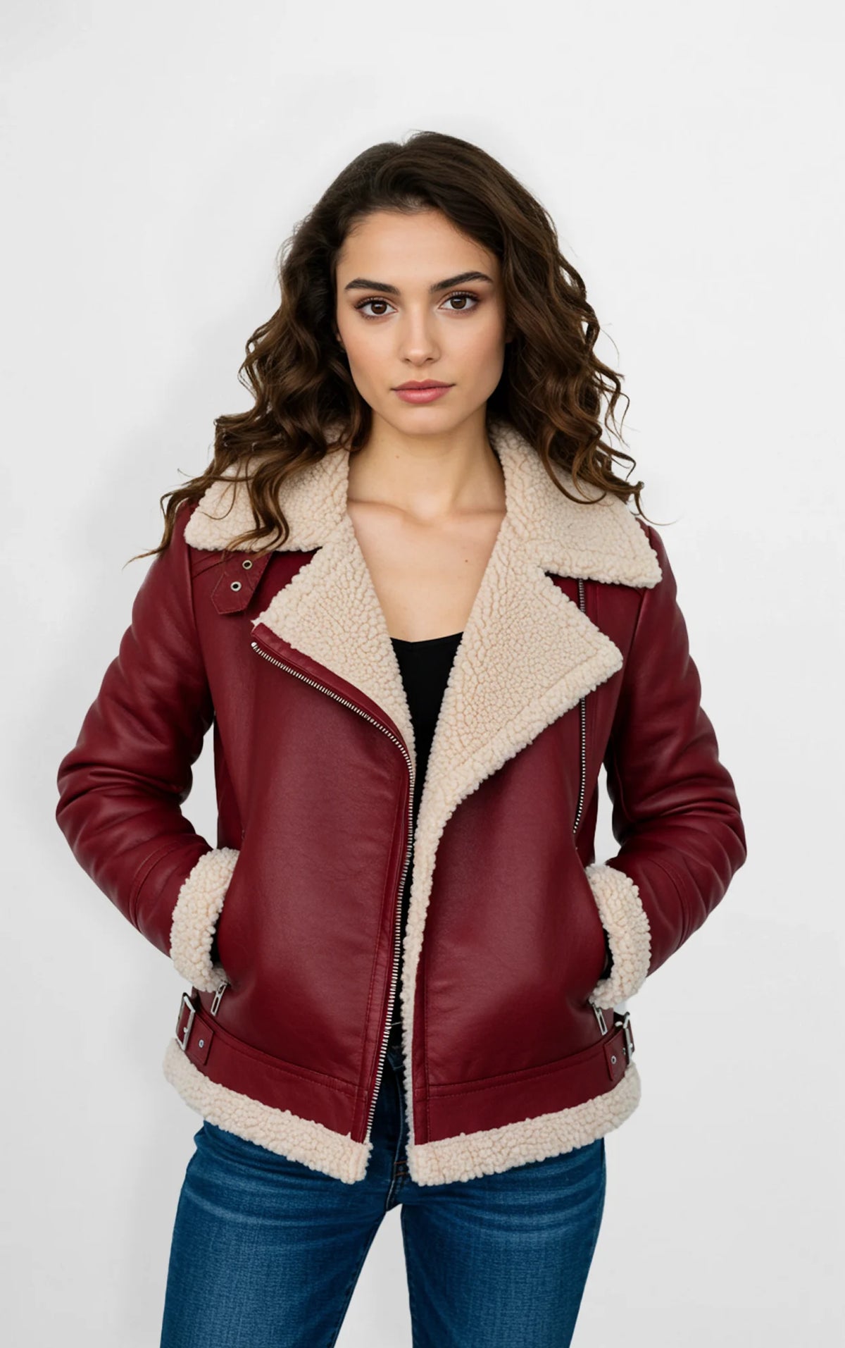 Maroon Aviator Shearling Leather Jacket
