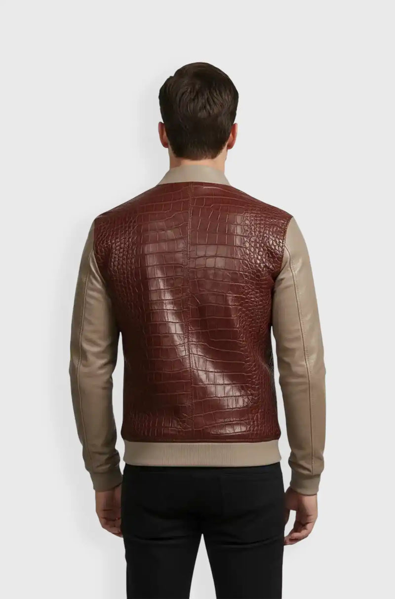 Maroon Crocodile Leather Bomber Jacket Back view