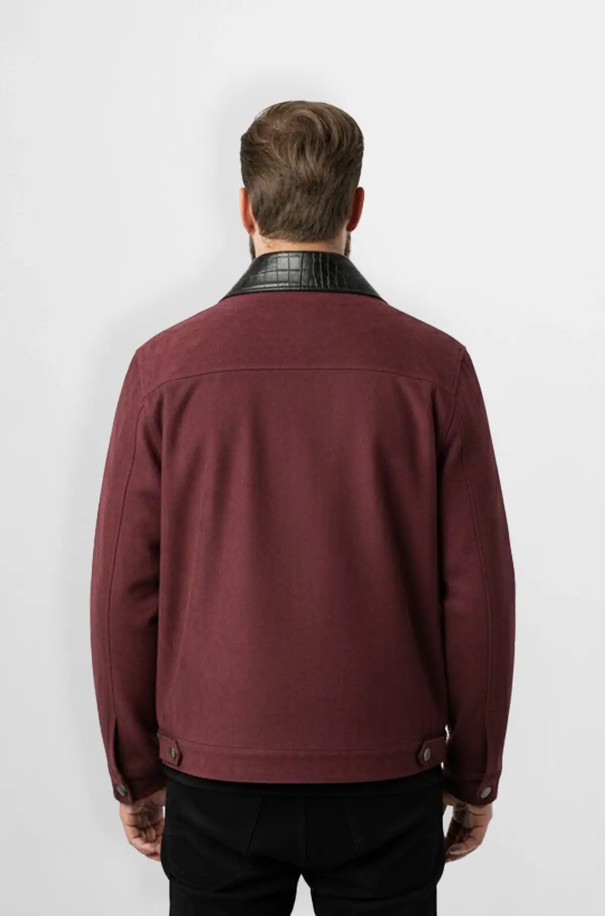 Maroon Crocodile Suede Leather Trucker Jacket Back view
