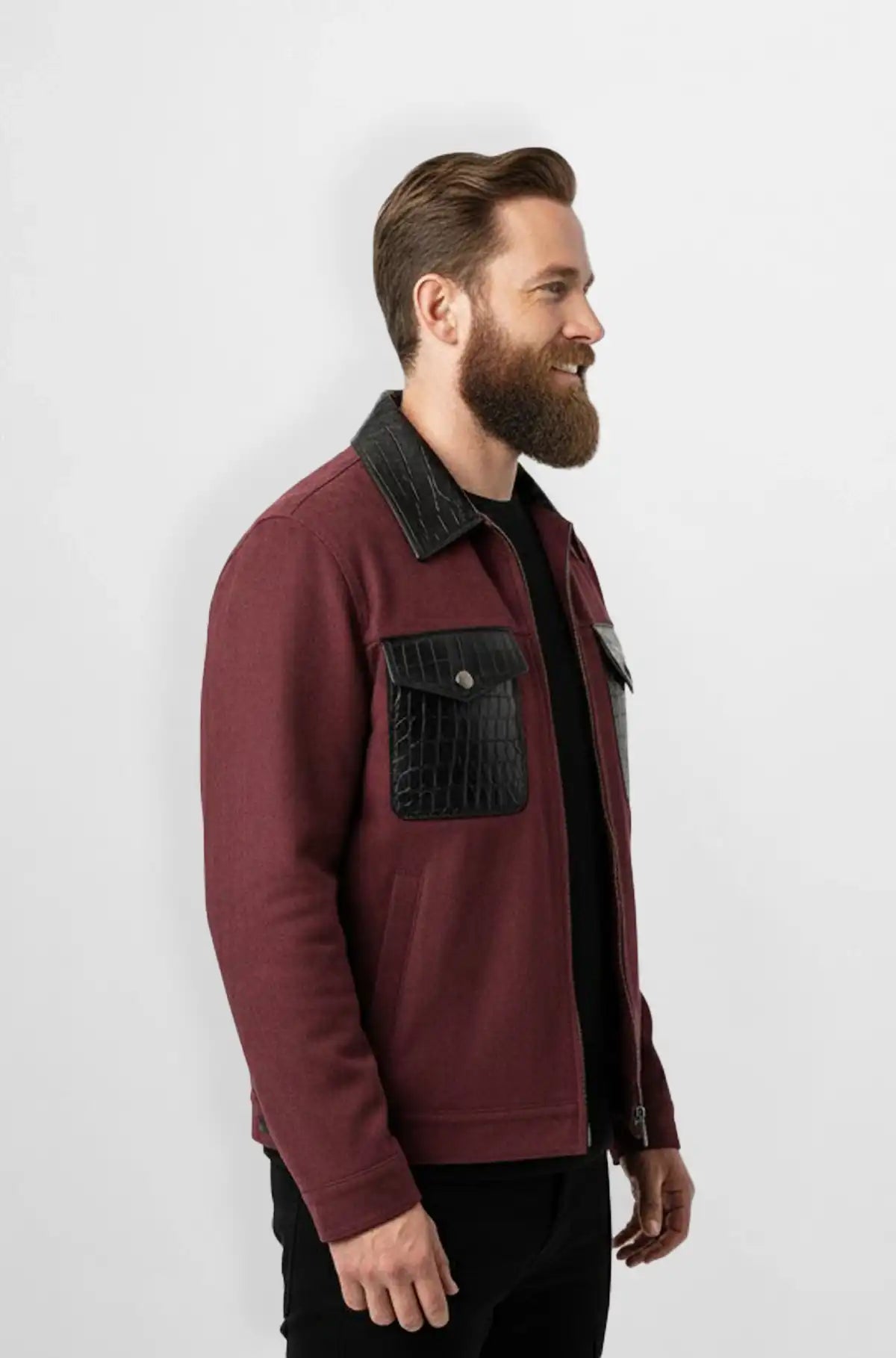 Maroon Crocodile Suede Leather Trucker Jacket Side view