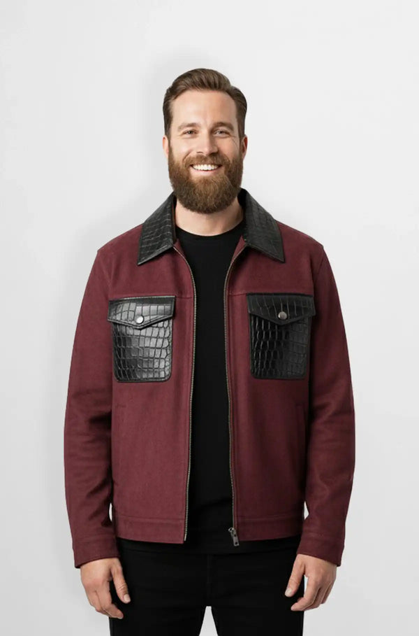 Maroon Crocodile Suede Leather Trucker Jacket Front view