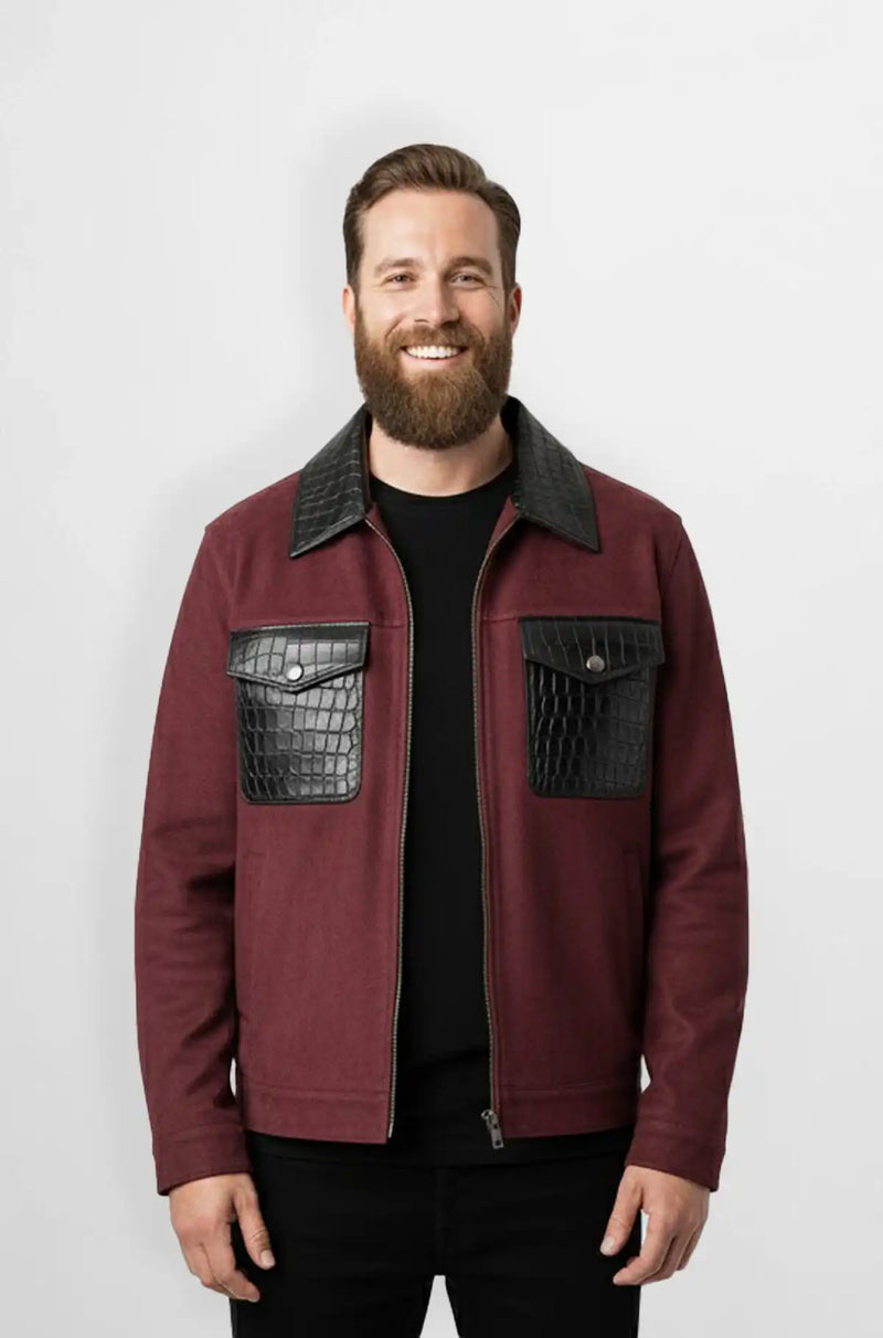 Maroon Crocodile Suede Leather Trucker Jacket Front view