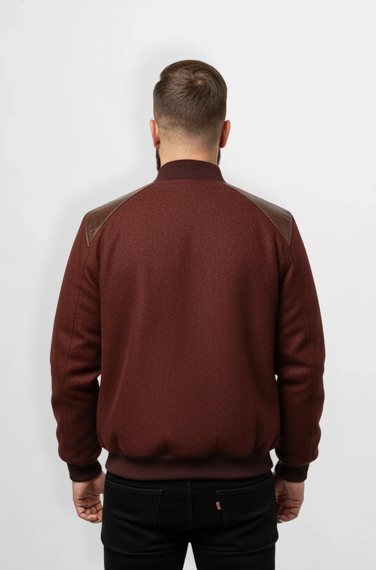 Maroon Crocodile Wool Leather Bomber Jacket Back view