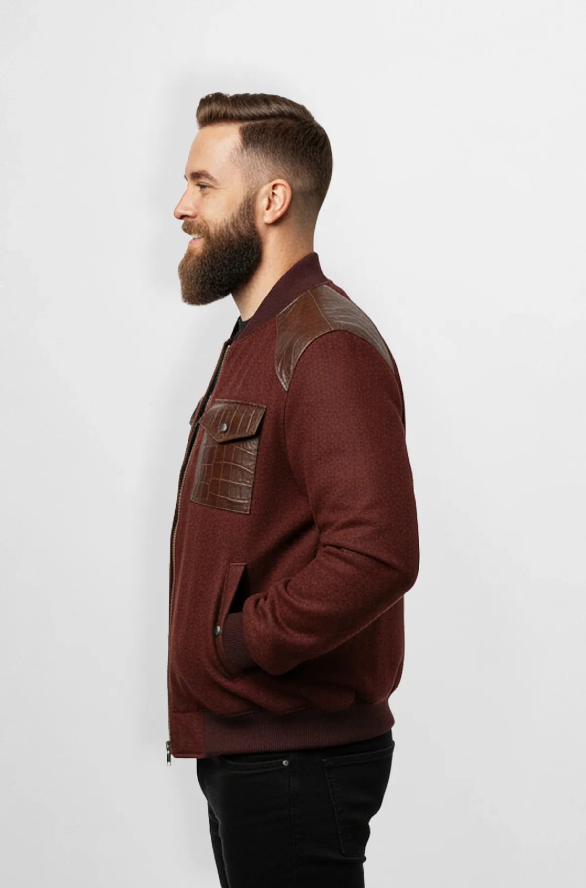 Maroon Crocodile Wool Leather Bomber Jacket Side view