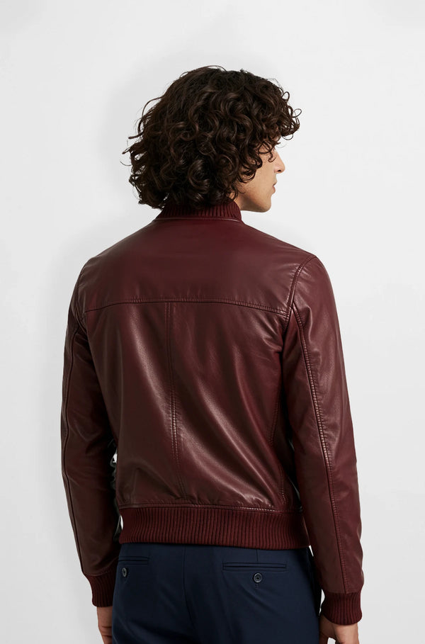 Maroon Leather Bomber Jacket back view