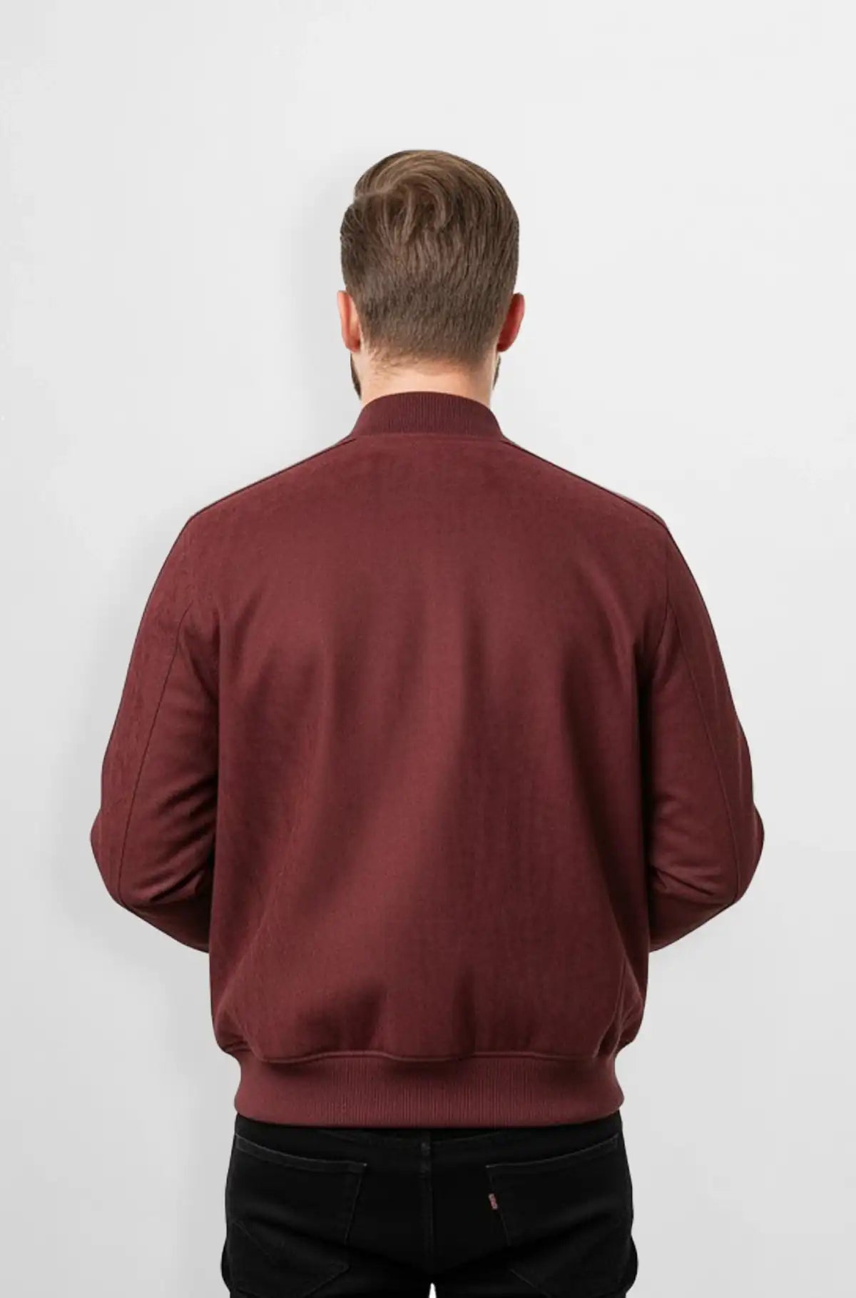 Maroon Wine Crocodile Suede Leather Bomber Jacket Back view