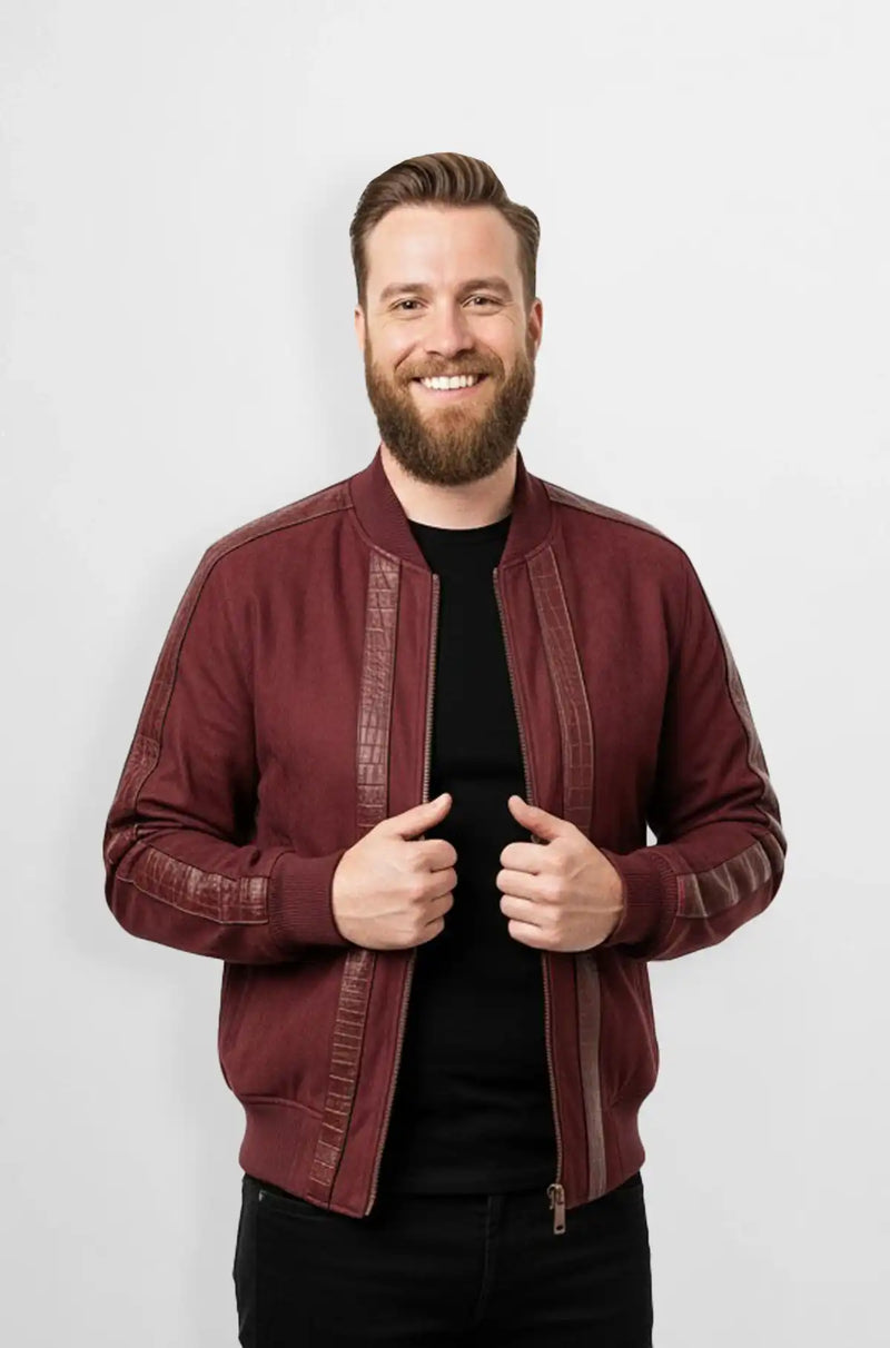 Maroon Wine Crocodile Suede Leather Bomber Jacket Front view