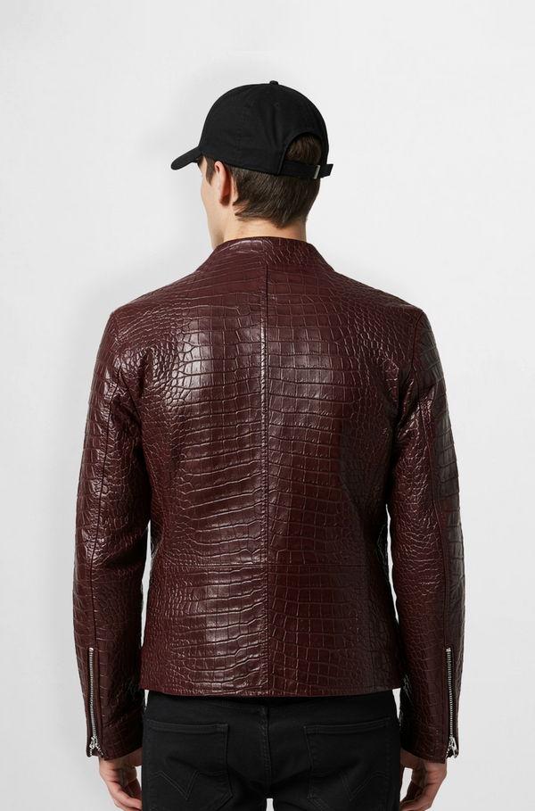 Maroon crocodile leather biker jacket back view