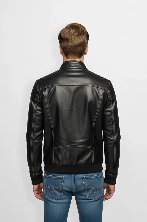 Matte Black Leather Bomber Jacket