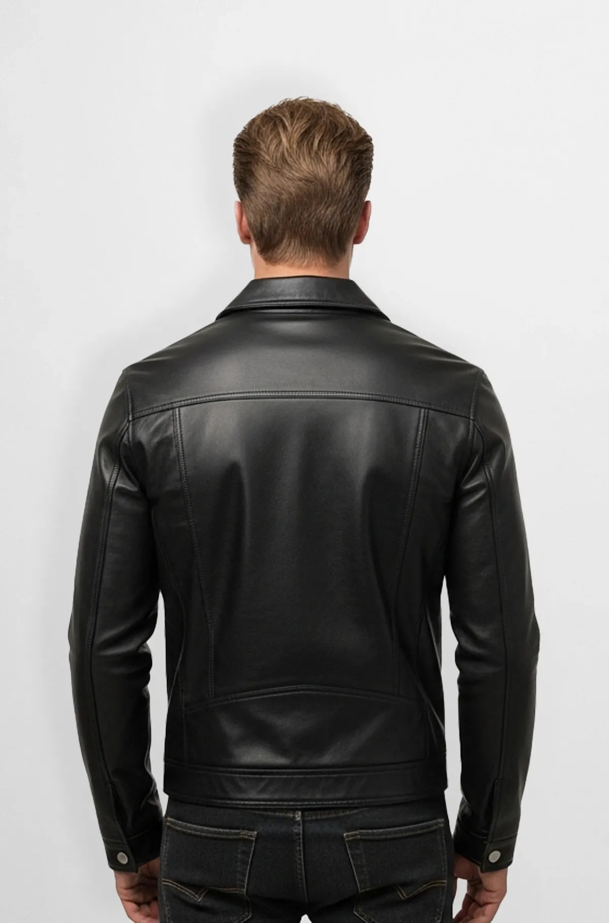 Matte Black Premium Leather Trucker Jacket Back view