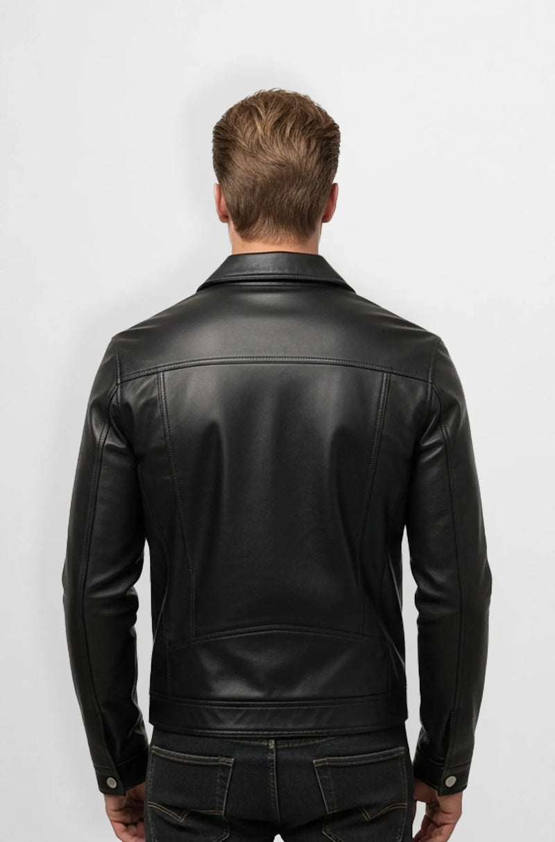 Matte Black Premium Leather Trucker Jacket Back view