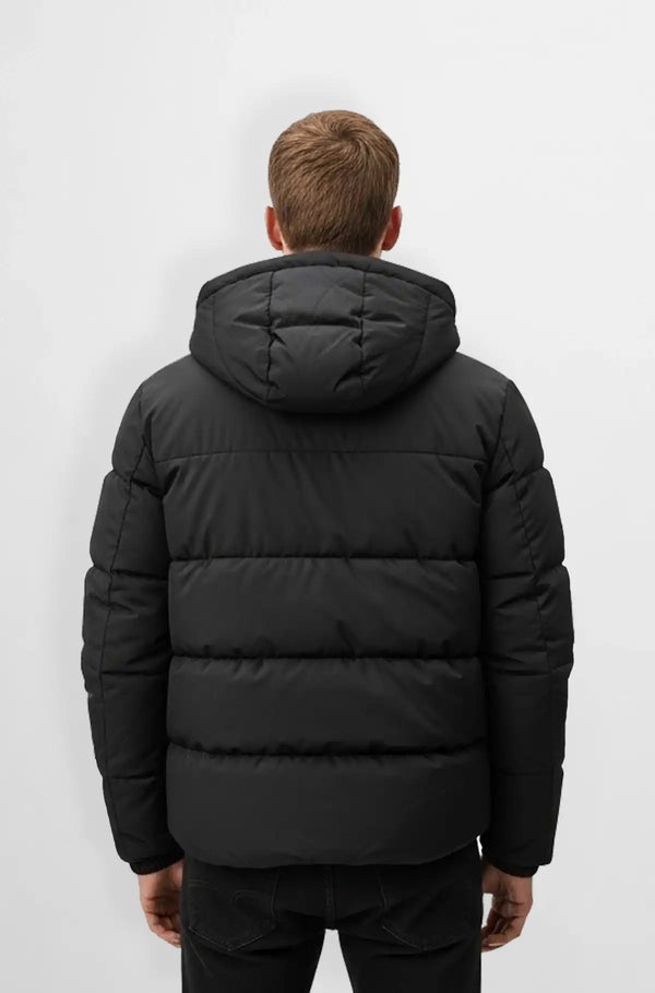 Matte Black Quilted Hooded Puffer Jacket Back view