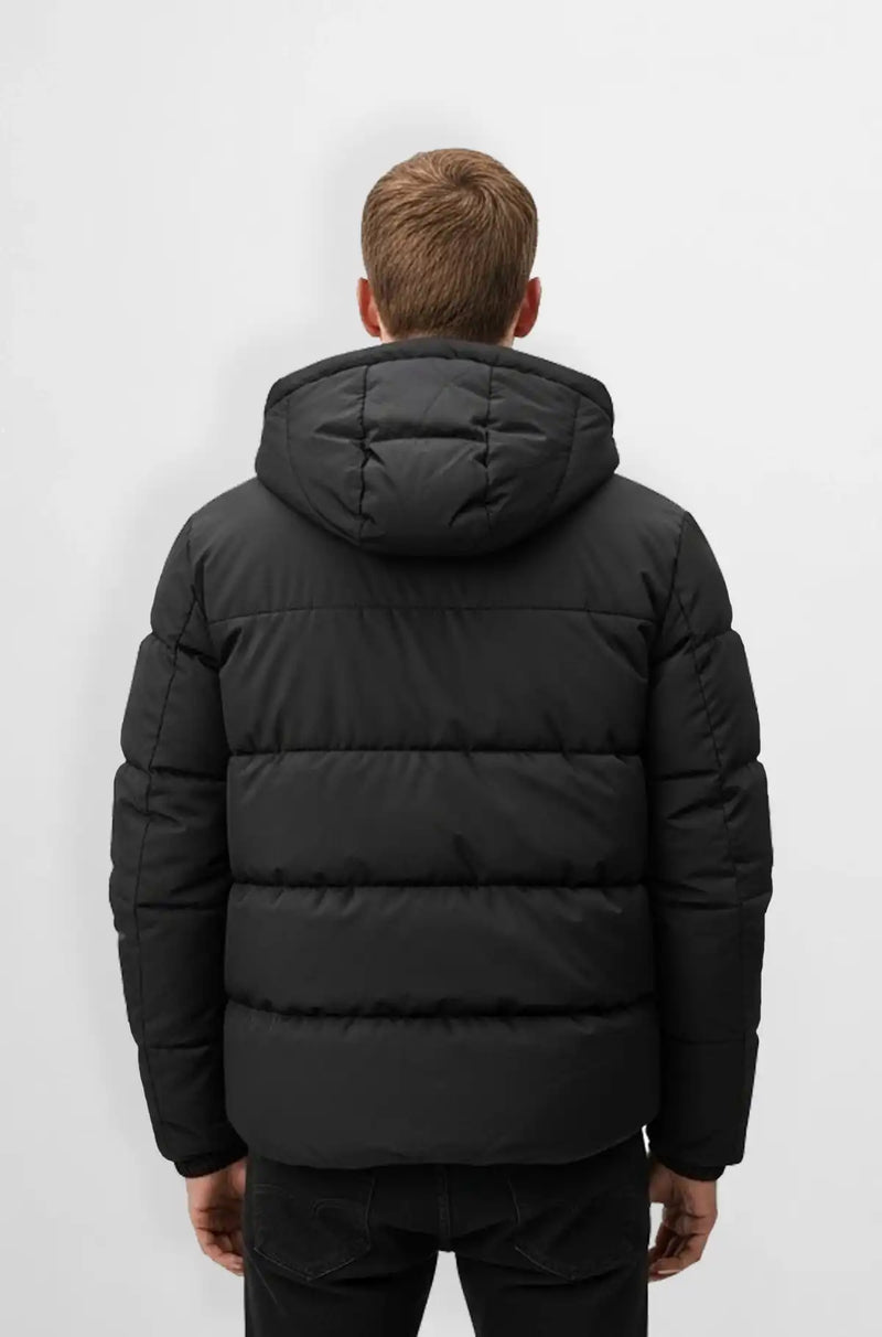 Matte Black Quilted Hooded Puffer Jacket Back view