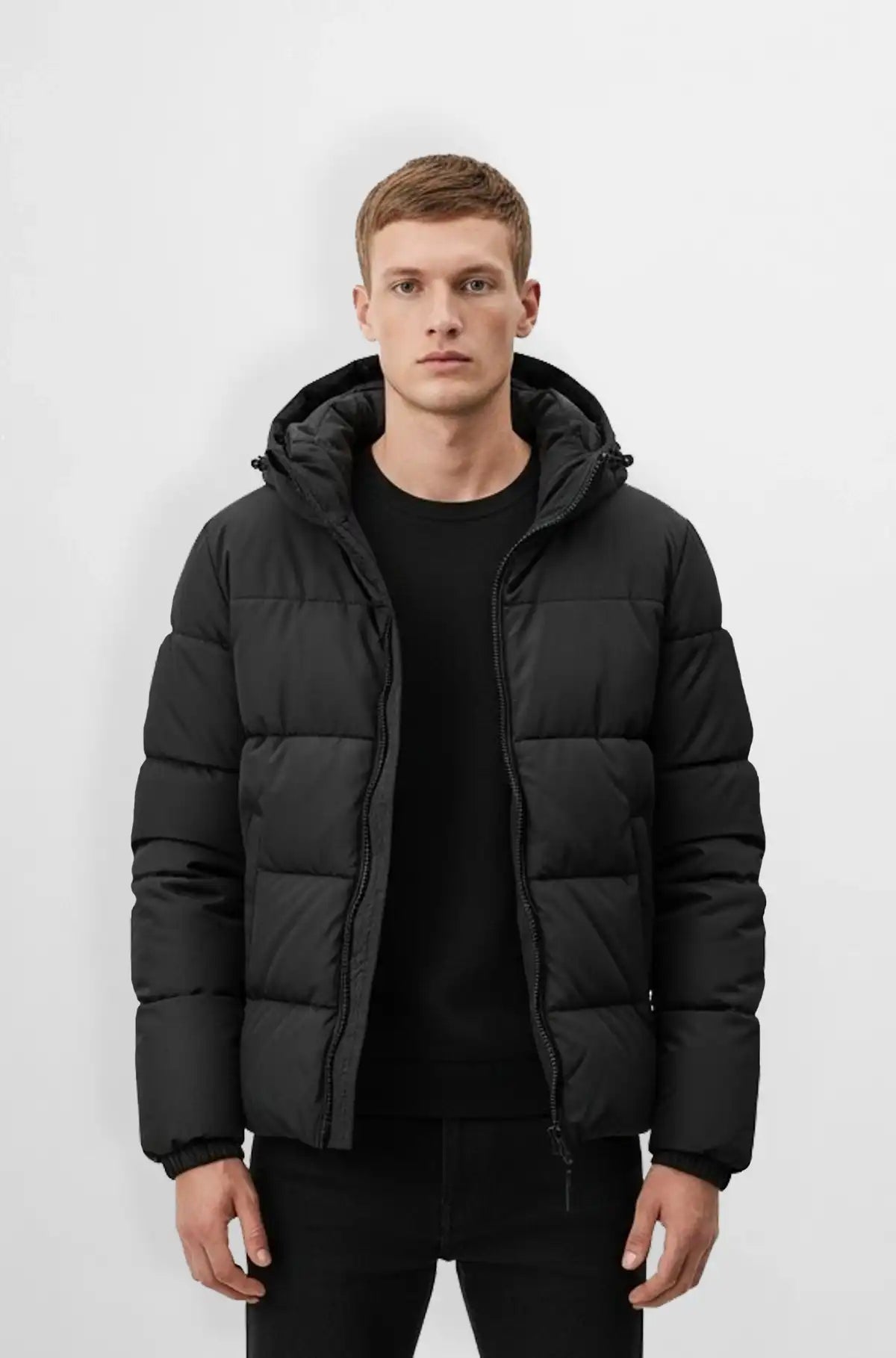 Matte Black Quilted Hooded Puffer Jacket Front view