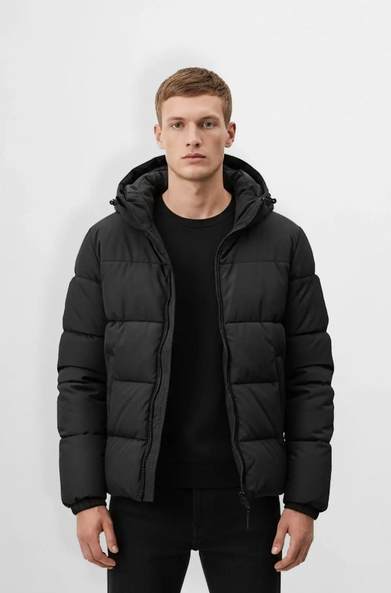 Matte Black Quilted Hooded Puffer Jacket Front view