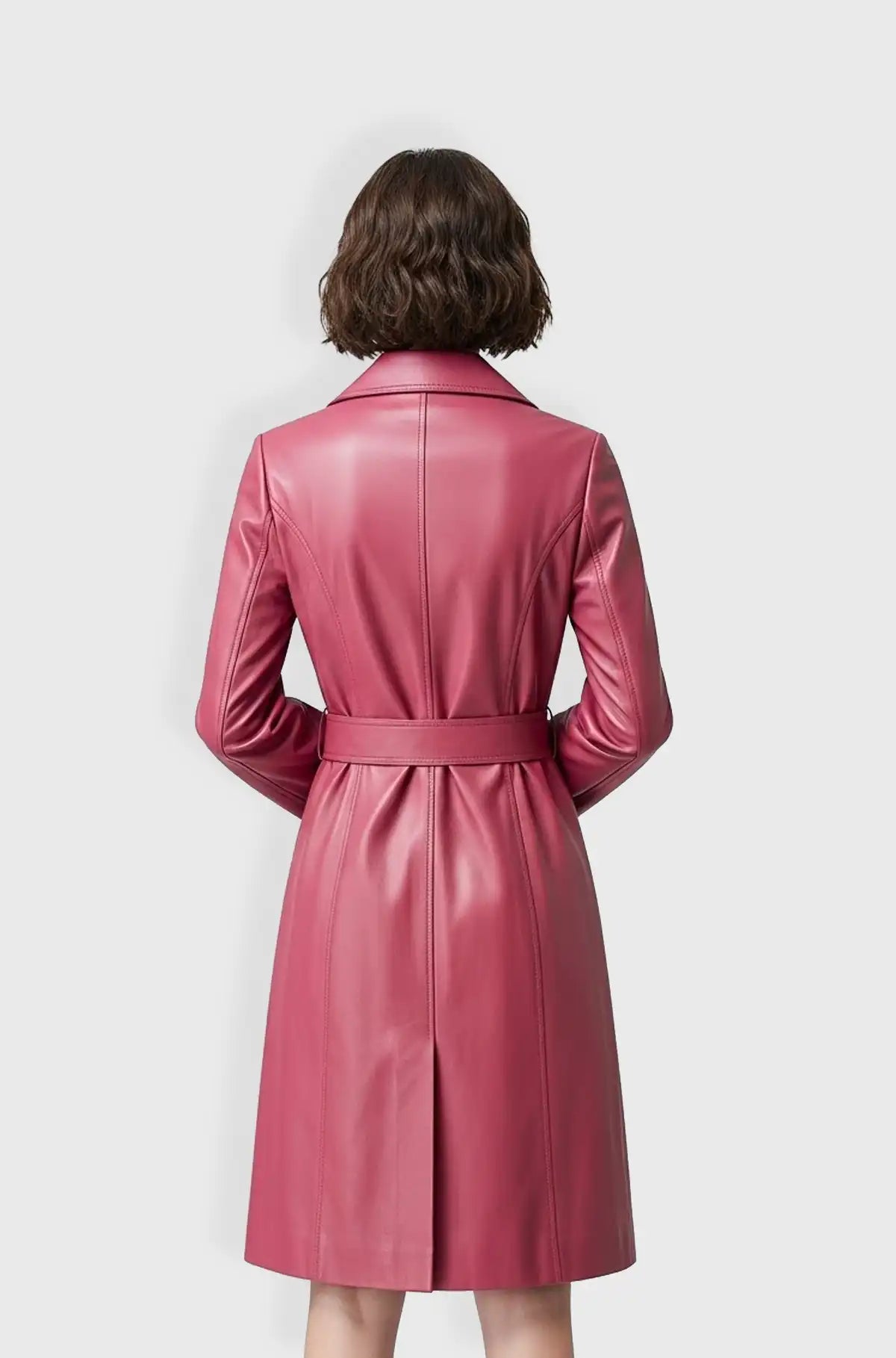 Mauve Pink Leather Trench Coat Back view