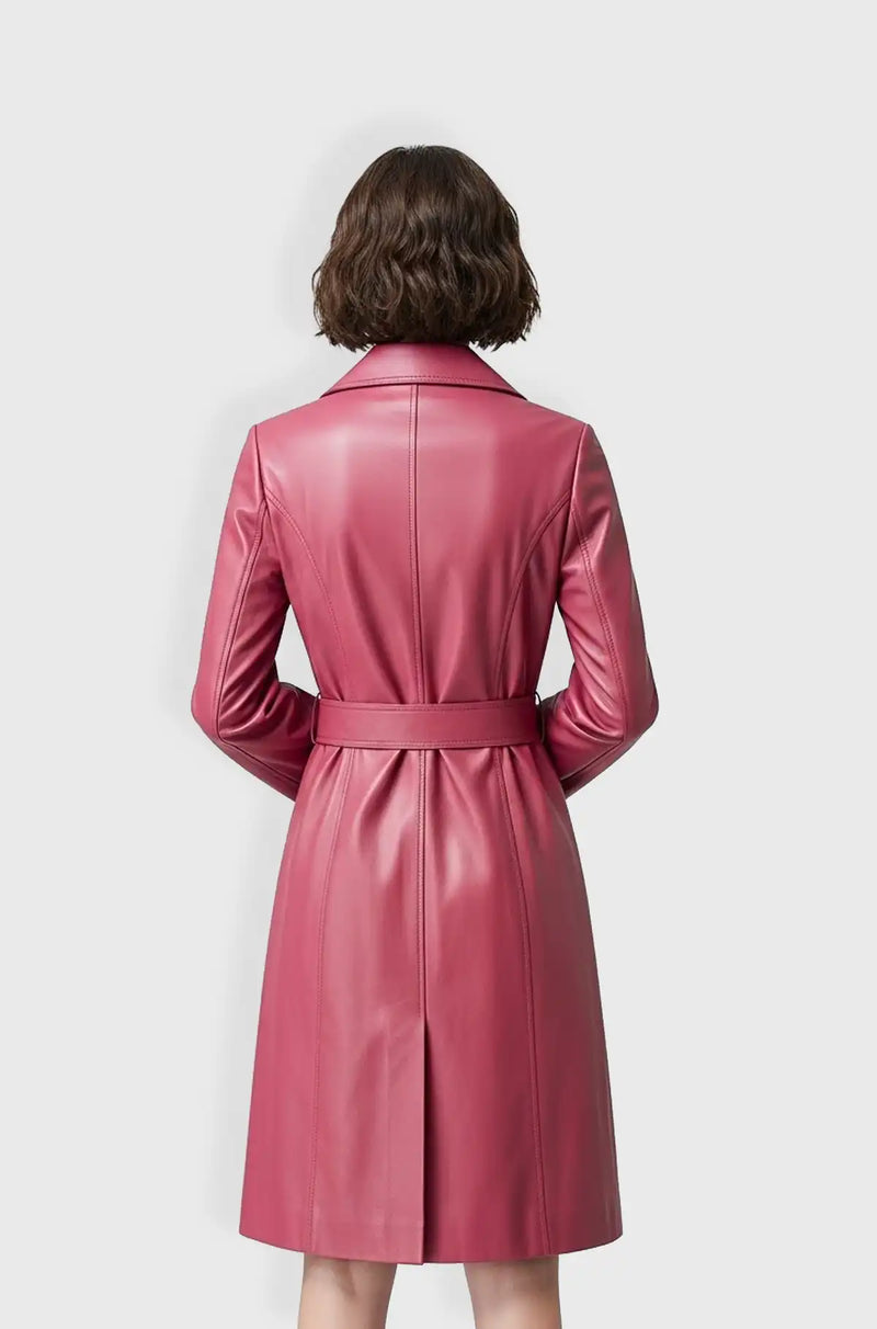 Mauve Pink Leather Trench Coat Back view