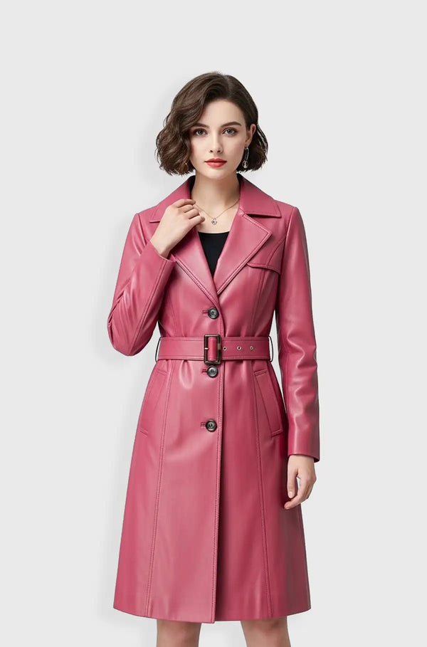 Mauve Pink Leather Trench Coat Front view