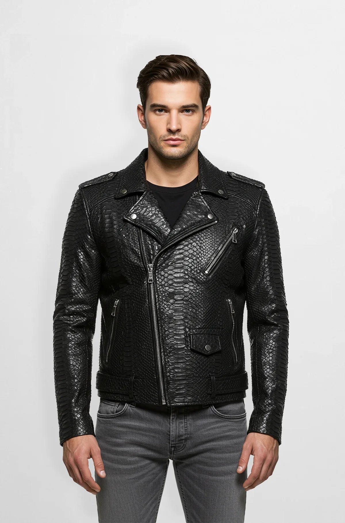 Men Black Snake Skin leather biker jacket
