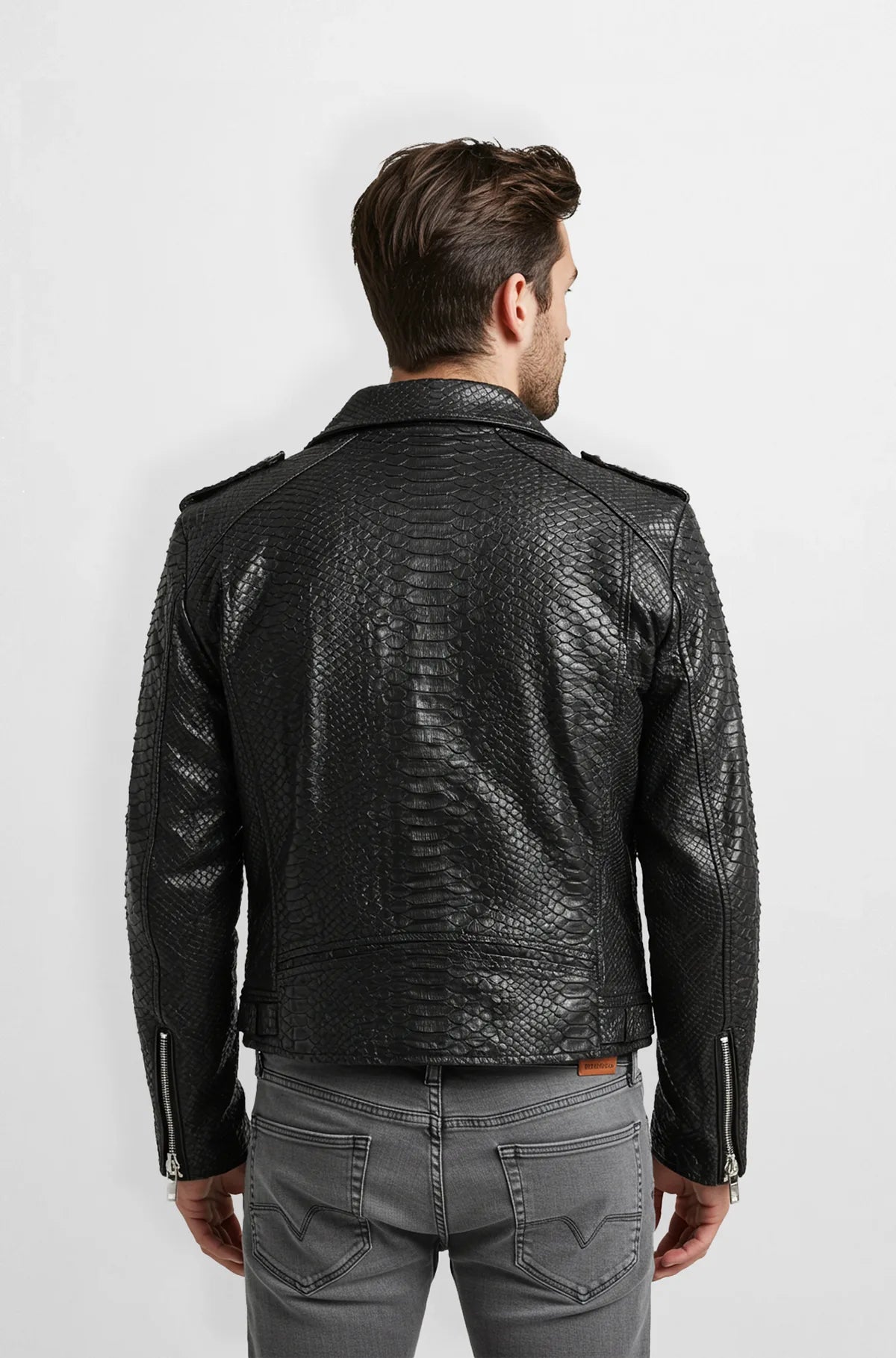 Men Black Snake Skin leather biker jacket