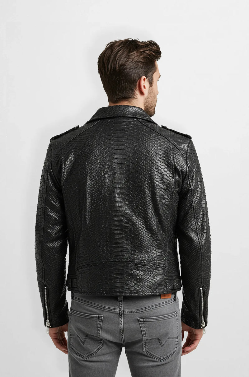 Men Black Snake Skin leather biker jacket