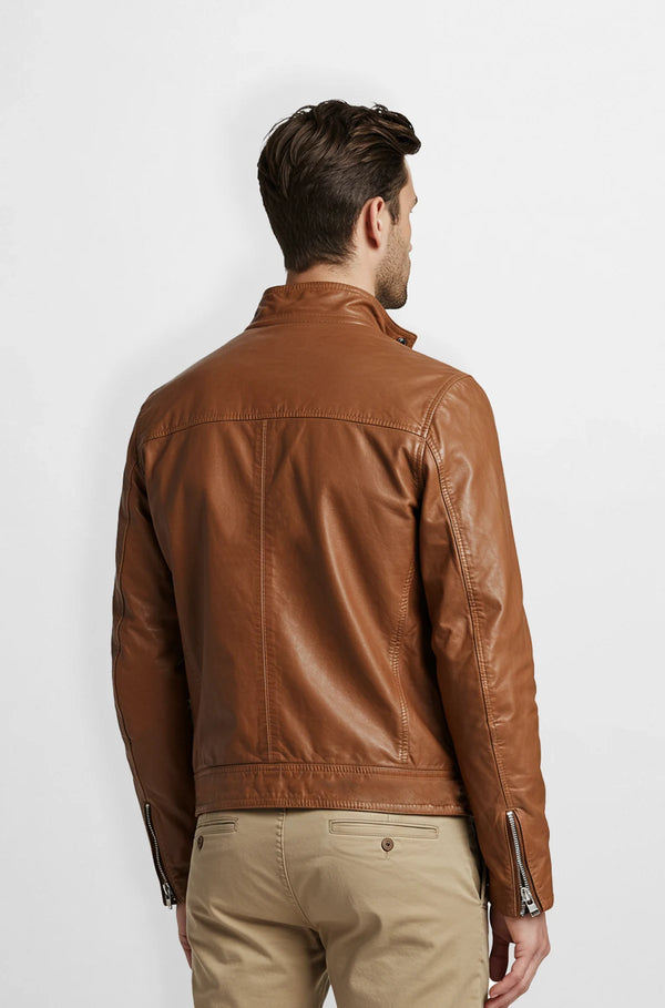 Men Brown Leather Biker Jacket Slim Fit Back view