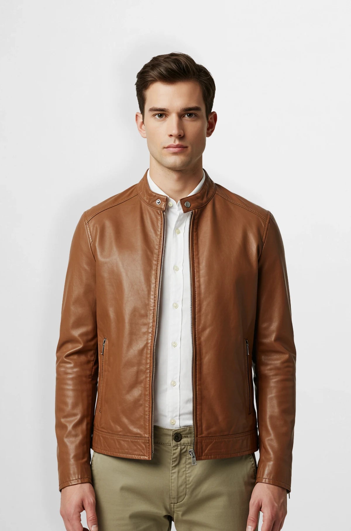 Men Brown Leather Biker Jacket Slim Fit Front view