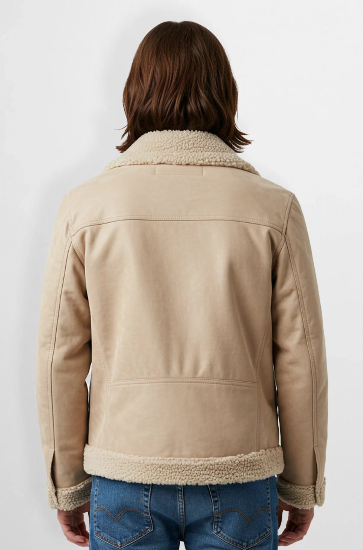 Men's Beige Shearling Leather Suede Bomber Jacket Back view