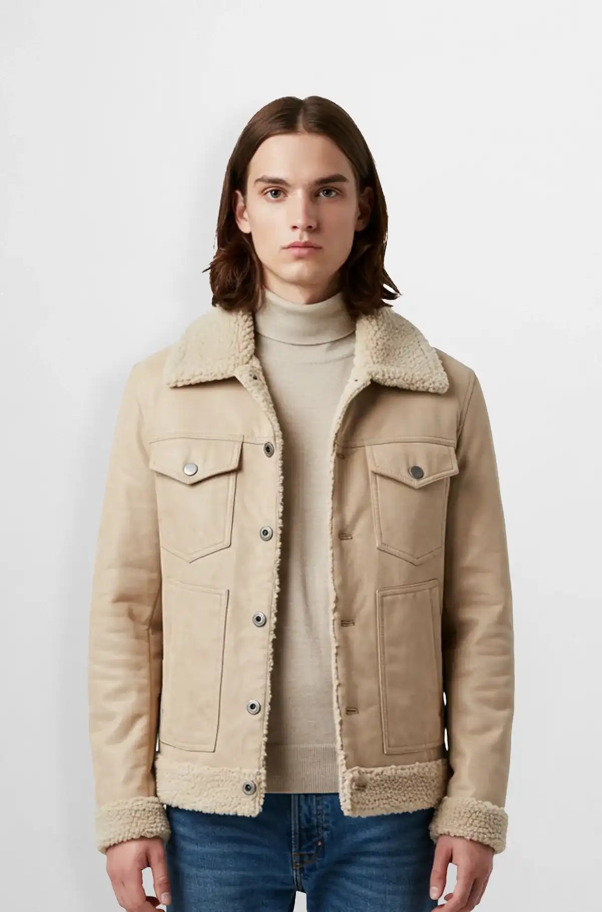 Men's Beige Shearling Leather Suede Bomber Jacket Front view