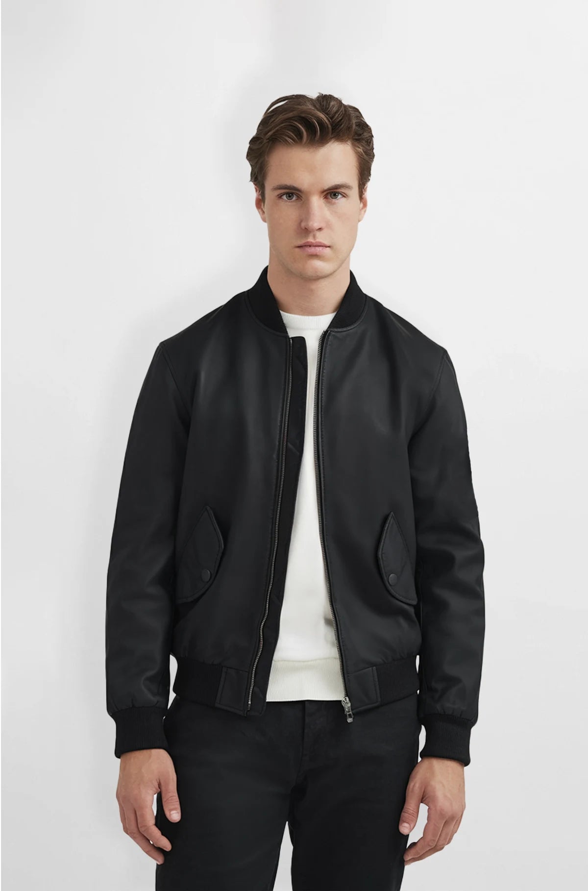Mens Black Leather Bomber Jacket