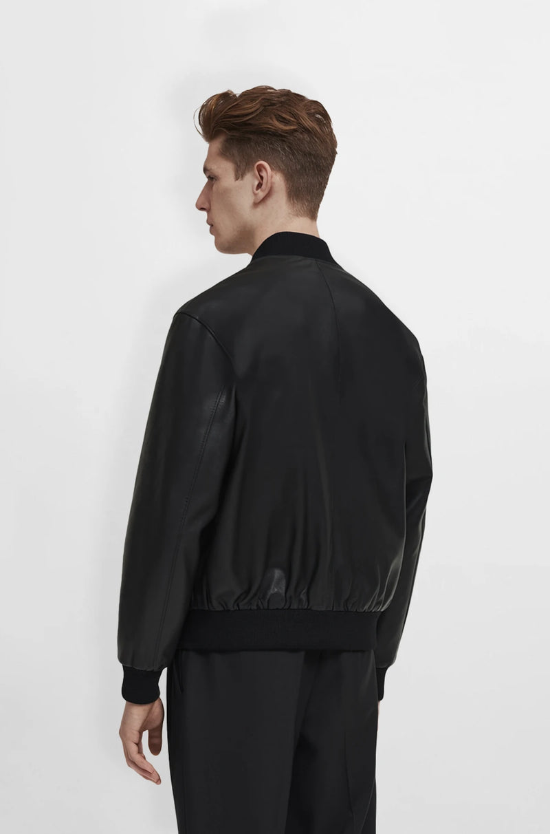 Mens Black Leather Bomber Jacket