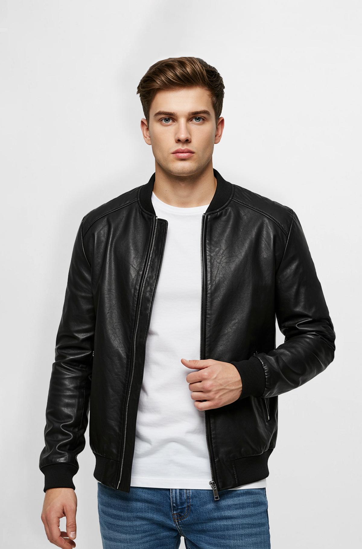Mens Black Leather Bomber Jacket
