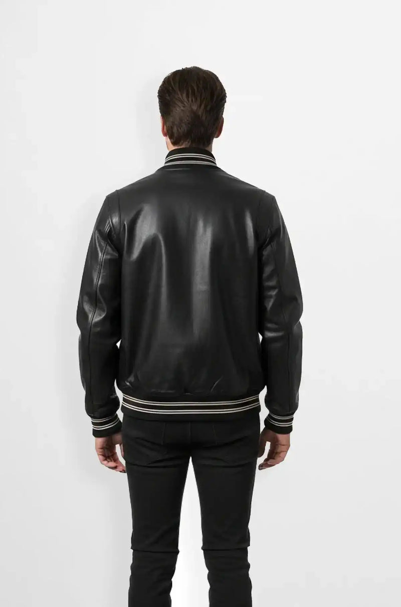 Men's Black Leather Varsity Jacket Back view