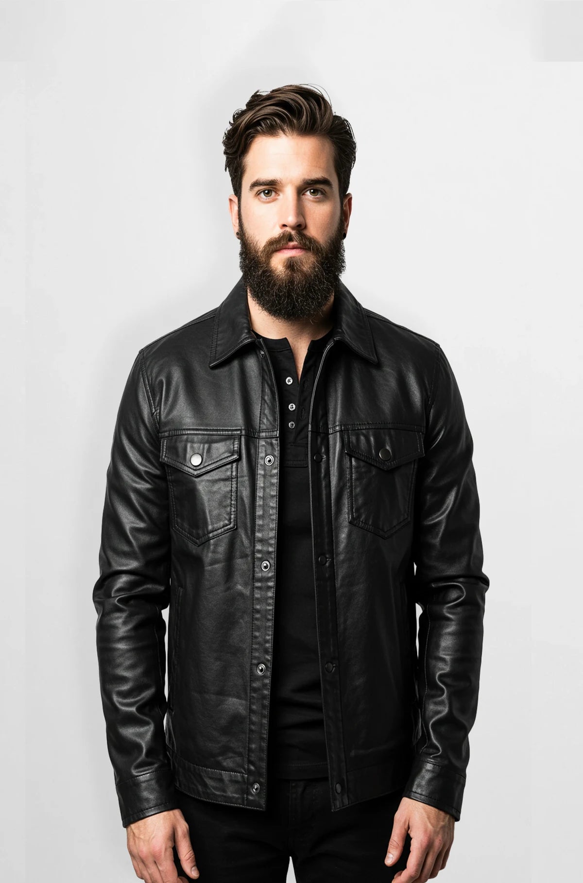 Men's Black Shirt Collar Leather Jacket front view