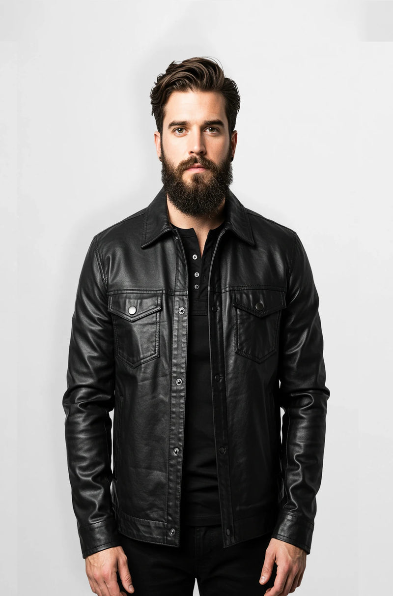 Men's Black Shirt Collar Leather Jacket front view