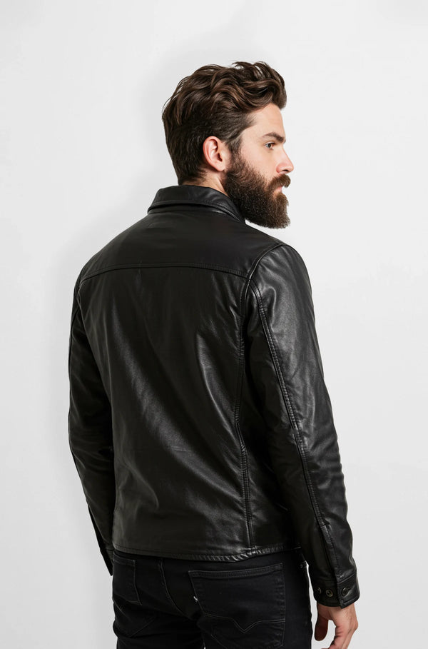 Men's Black Shirt Collar Leather Jacket back view