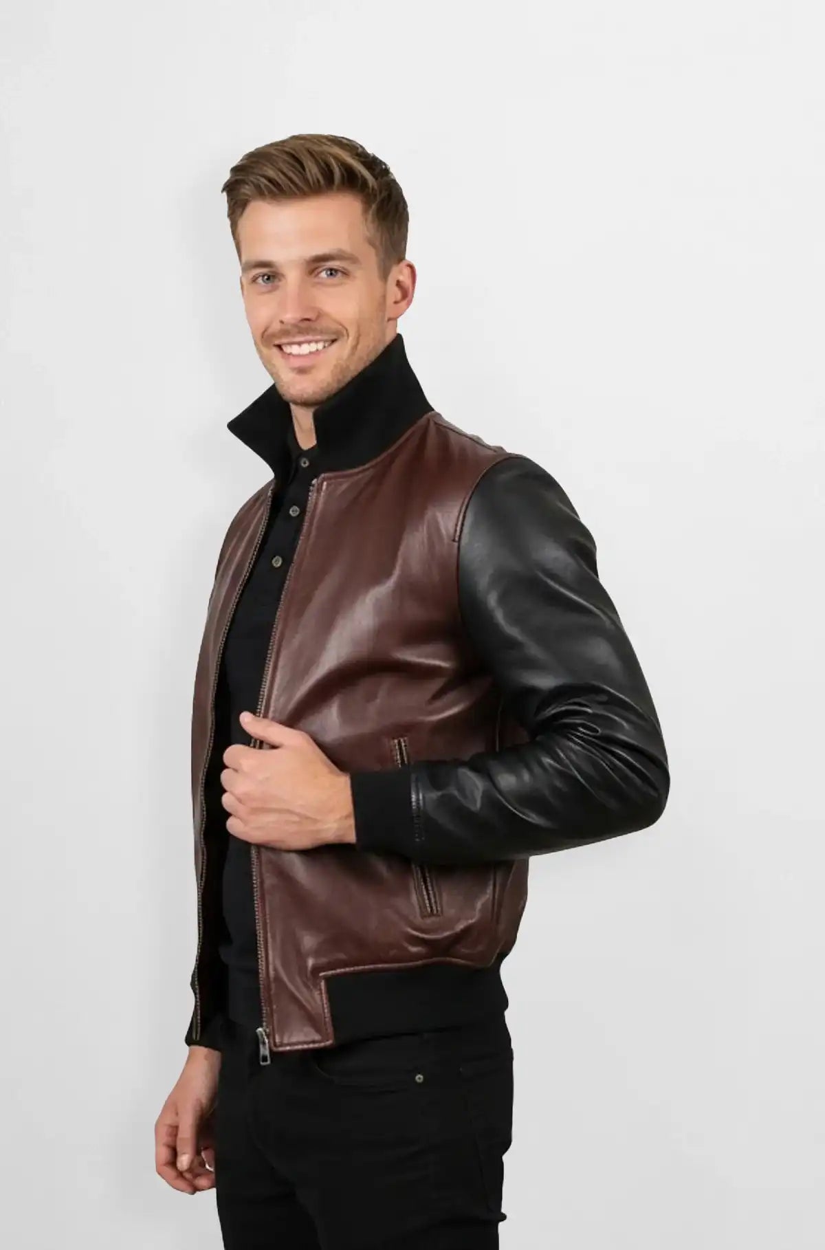Mens Brown And Black Leather Bomber Jacket