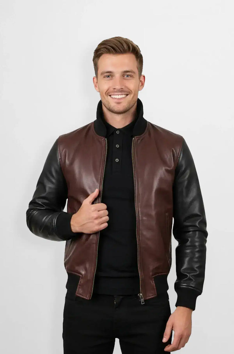 Mens Brown And Black Leather Bomber Jacket