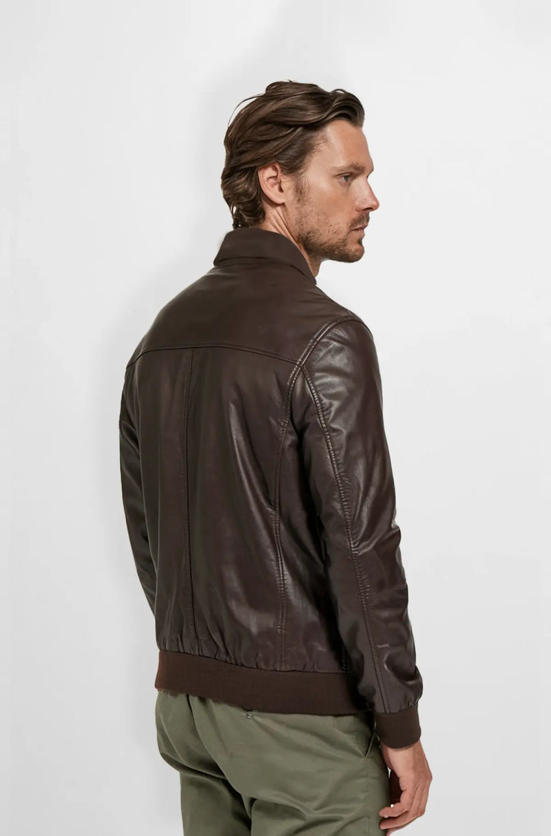 Men’s Brown Leather Bomber Jacket back view