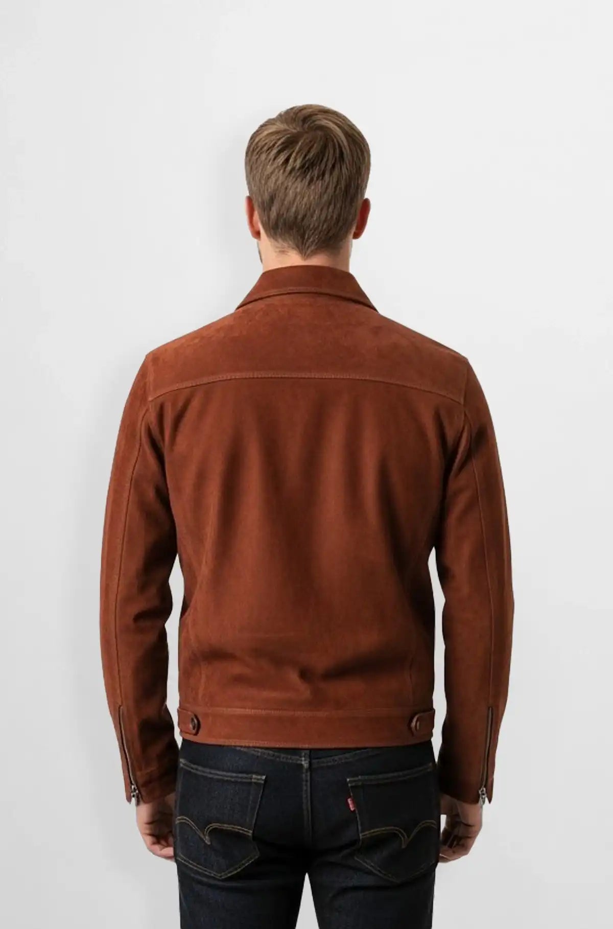 Men's Brown Suede Trucker Jacket Back view