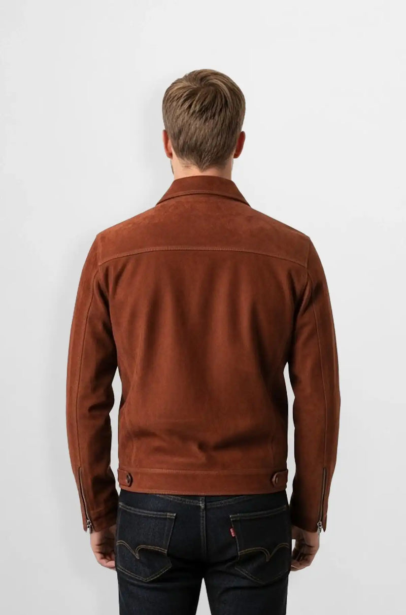 Men's Brown Suede Trucker Jacket Back view