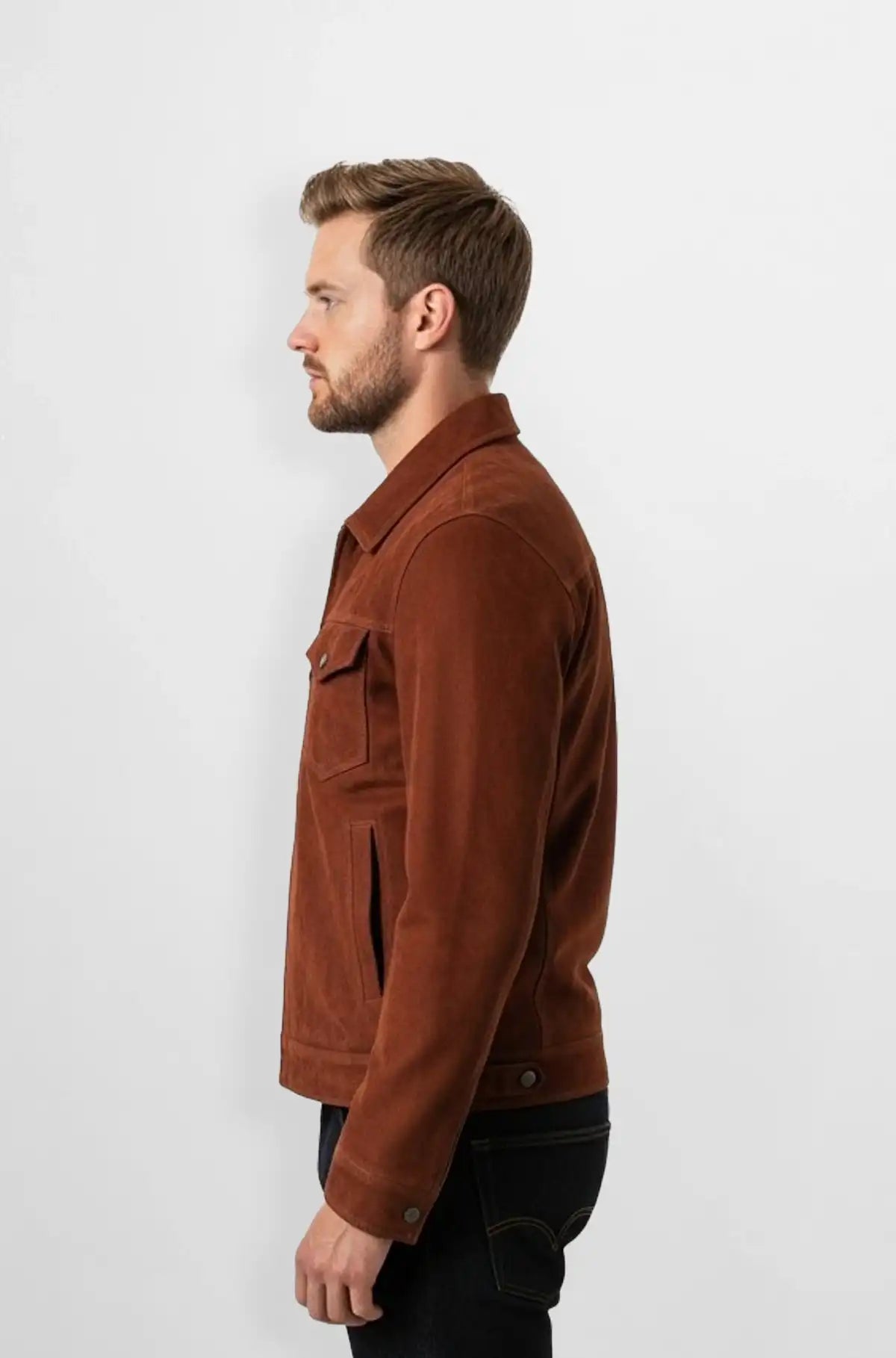 Men's Brown Suede Trucker Jacket Side view