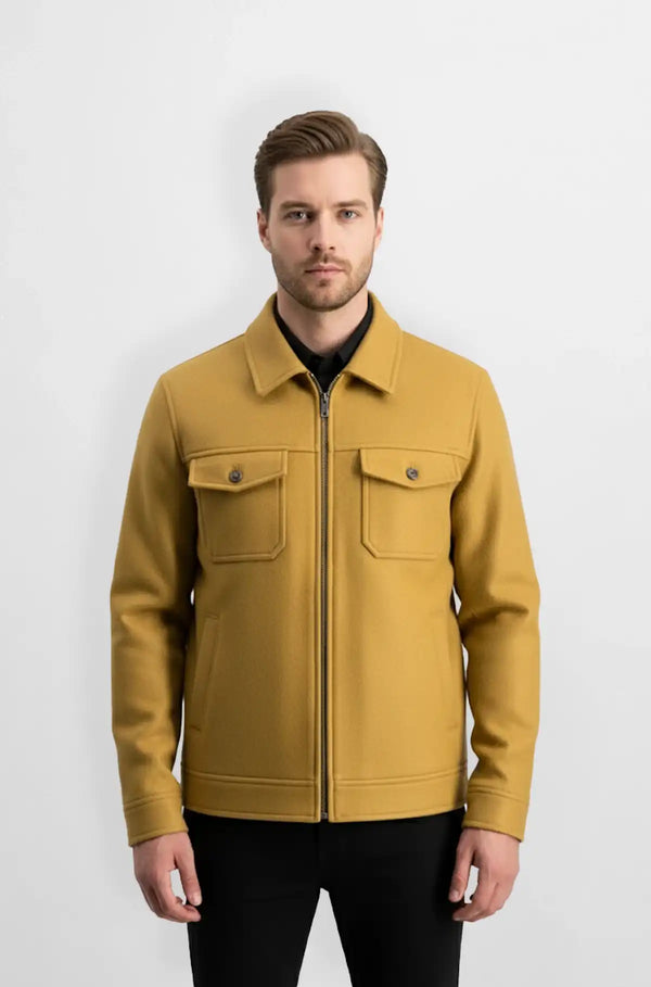 Men's Camel Gold Wool Bomber Jacket Front View