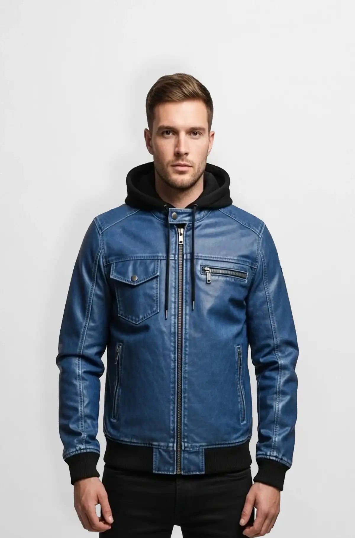 Men's Casual Blue Leather Bomber Jacket Front view
