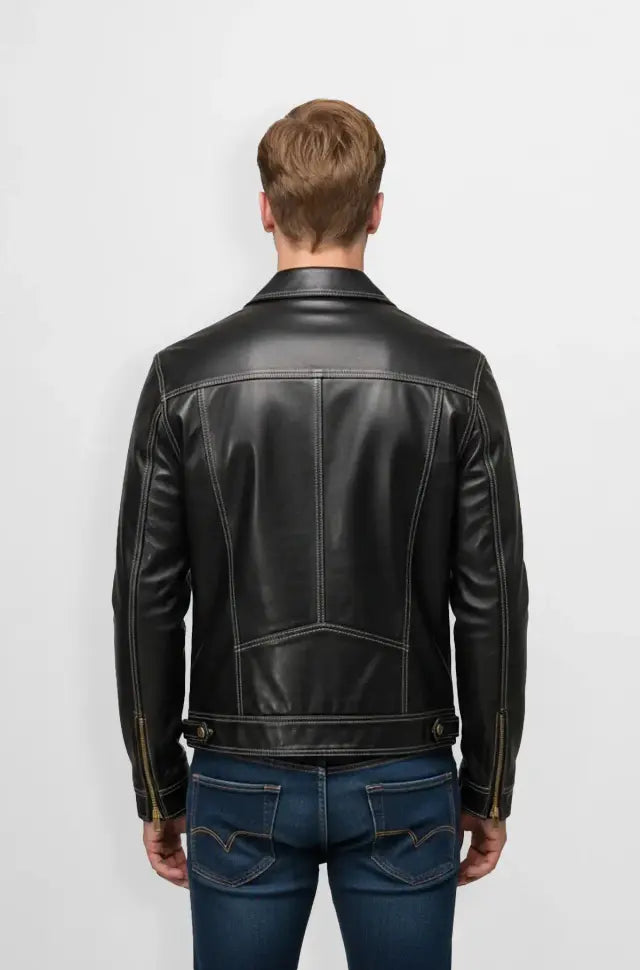 Men's Classic Black Leather Bomber Jacket Back view