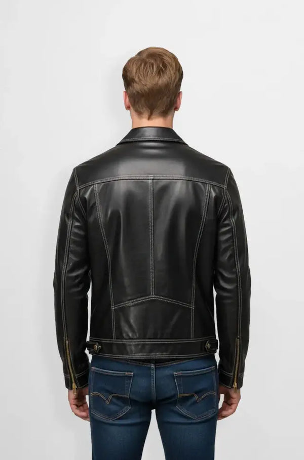 Men's Classic Black Leather Bomber Jacket Back view