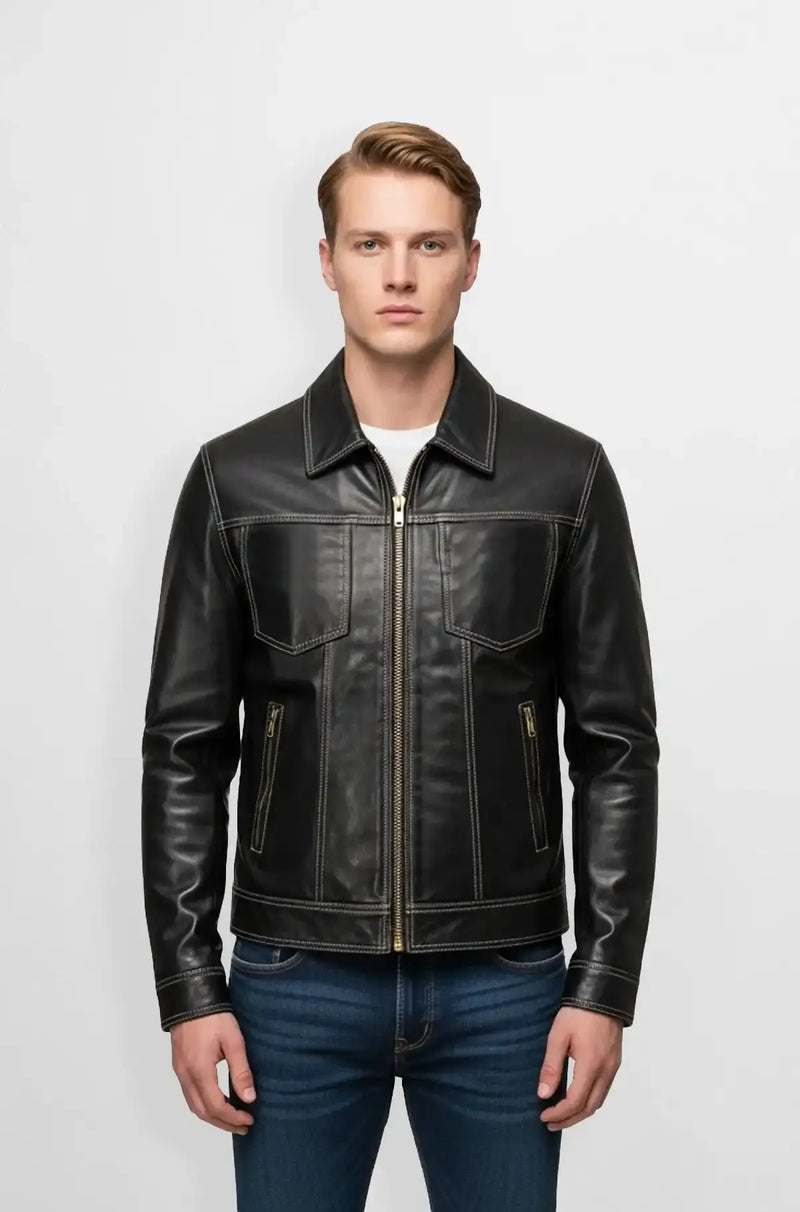 Men's Classic Black Leather Bomber Jacket Front view